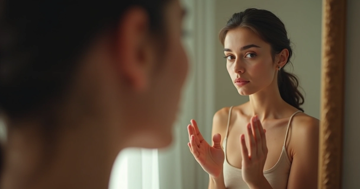 Mulher olhando para seu reflexo no espelho 