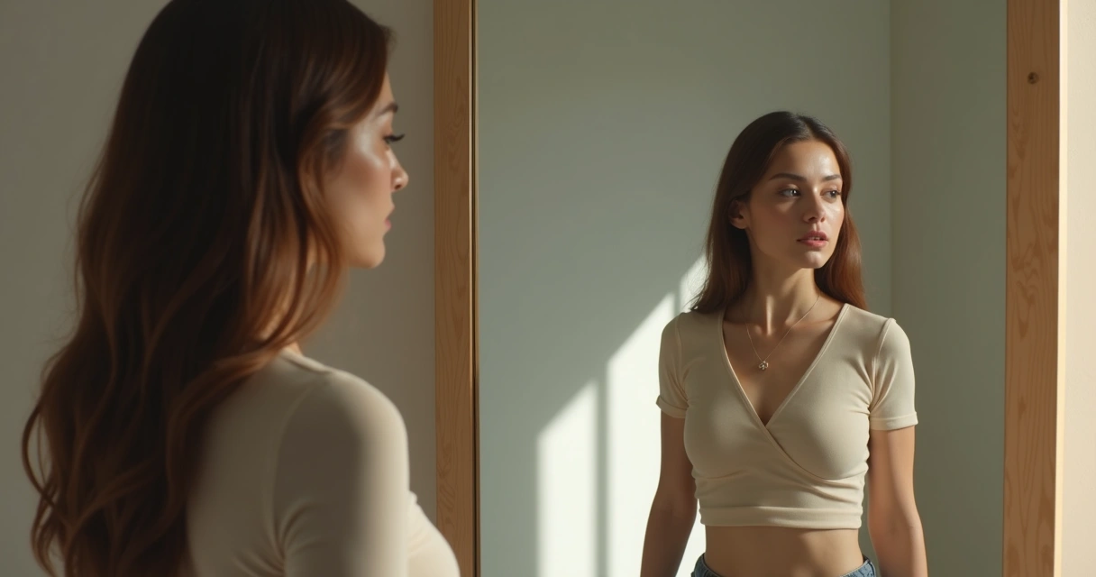 Mulher olhando para si mesma no espelho, pensativa, representando autoavaliação 