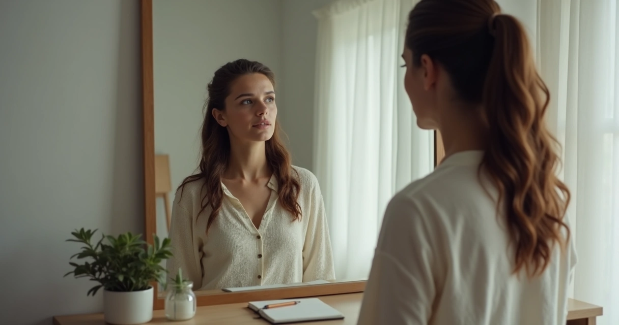 Mulher diante de um espelho refletindo sobre si mesma, expressão pensativa. 