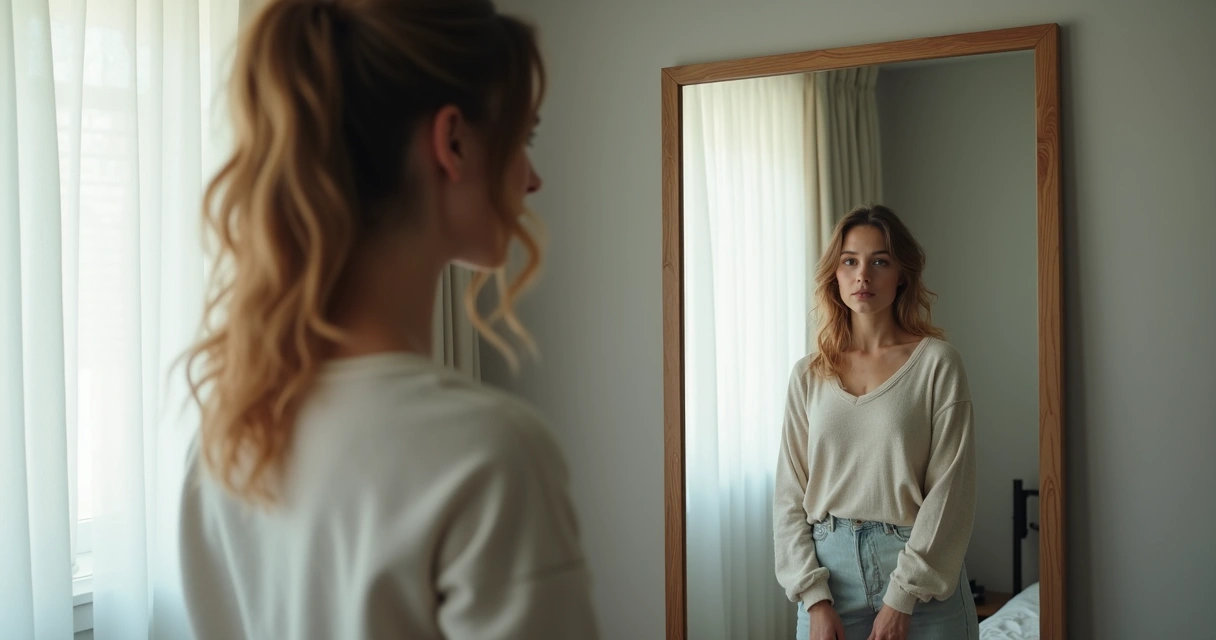 Mulher se olhando no espelho, expressão pensativa 