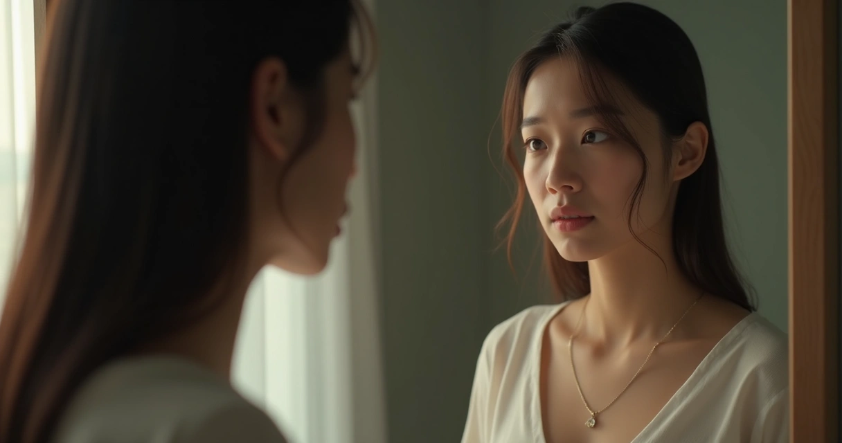 Mulher olhando para o próprio reflexo em um espelho com expressão reflexiva 