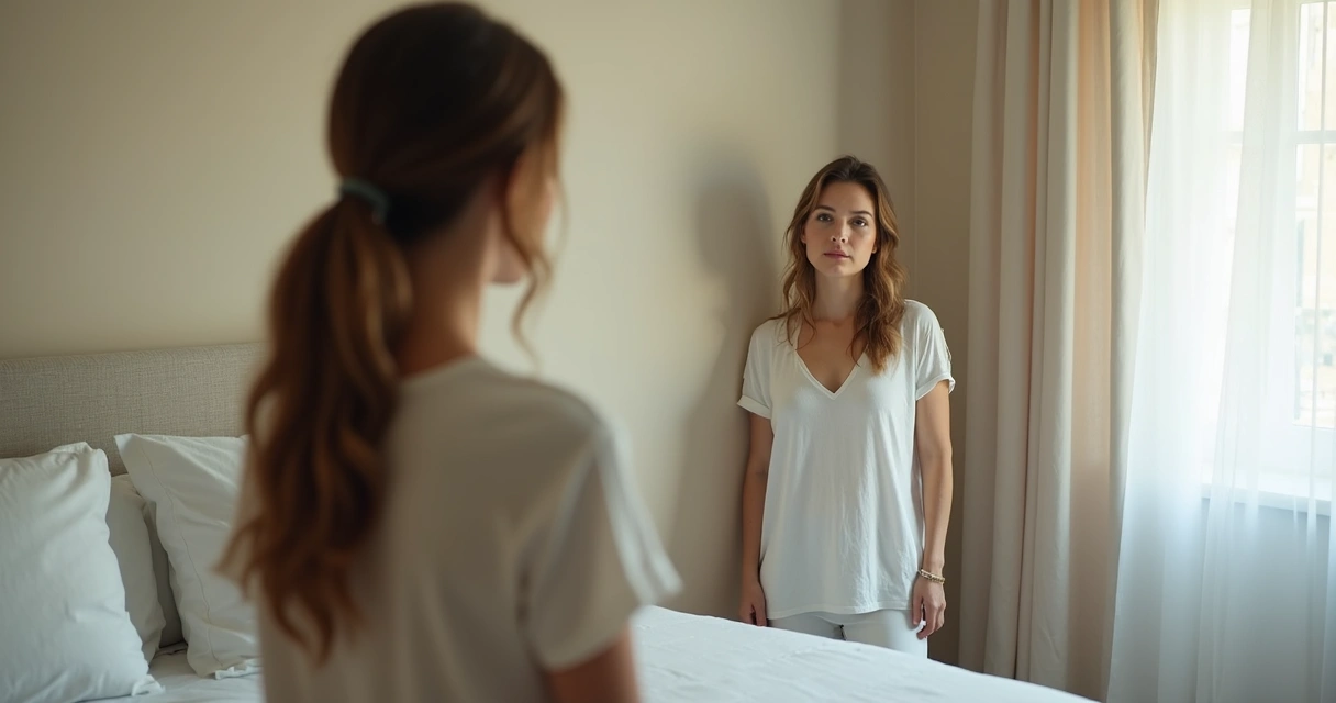 Mulher olhando para o espelho em reflexão 