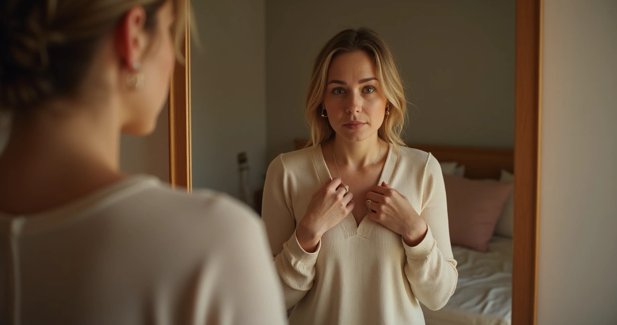 Mulher se olhando no espelho, expressão reflexiva 