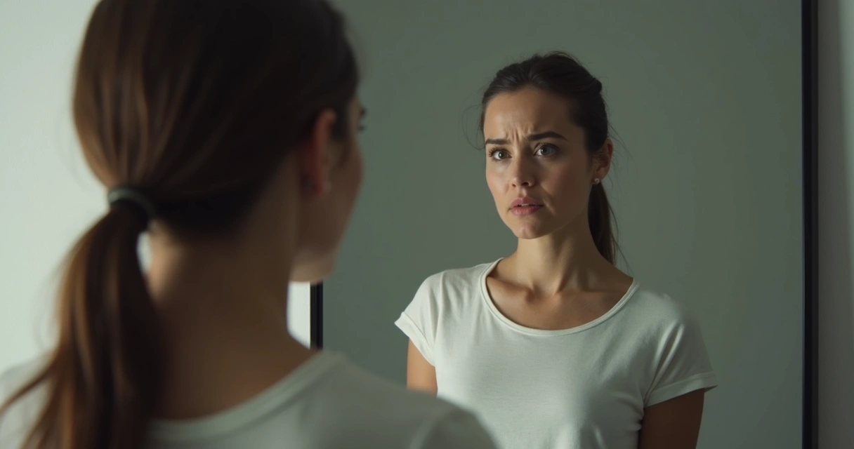 Mulher encarando reflexo no espelho. 