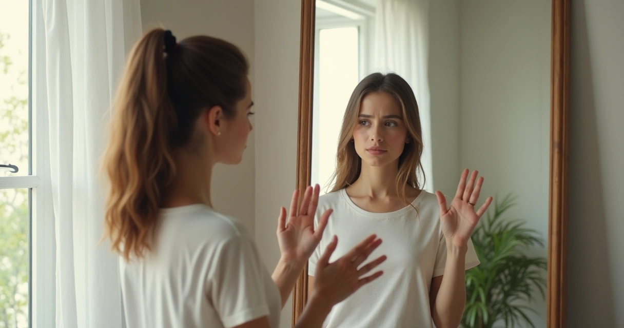Mulher olhando para o próprio reflexo em frente ao espelho
