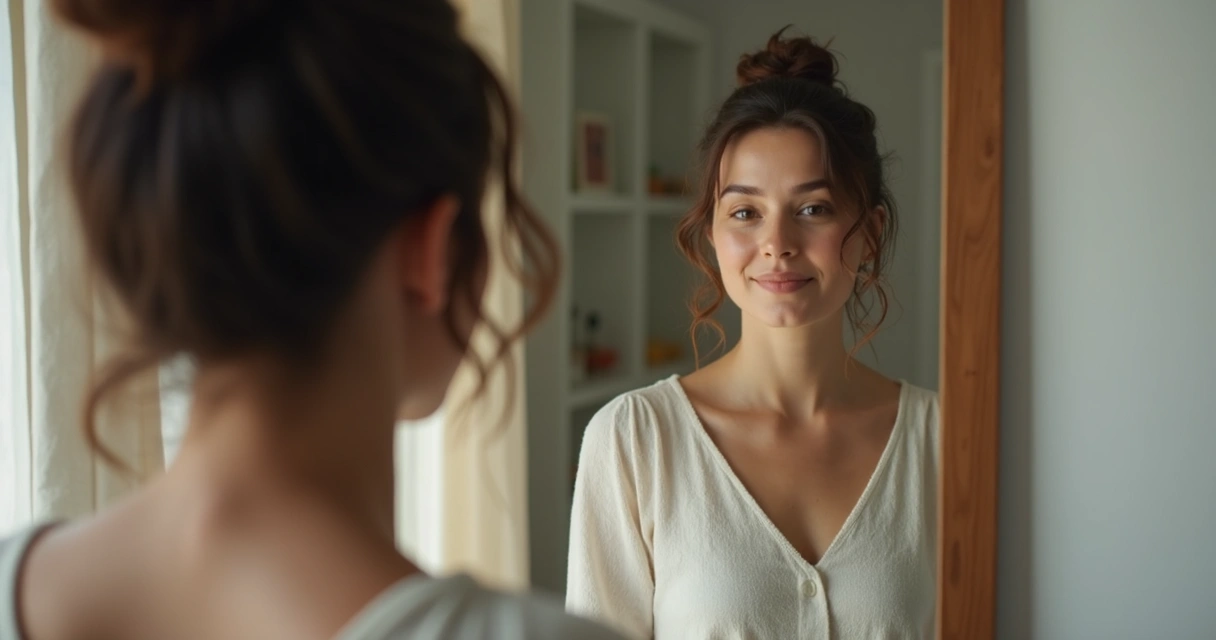 Mulher de frente a um espelho, olhando para si mesma