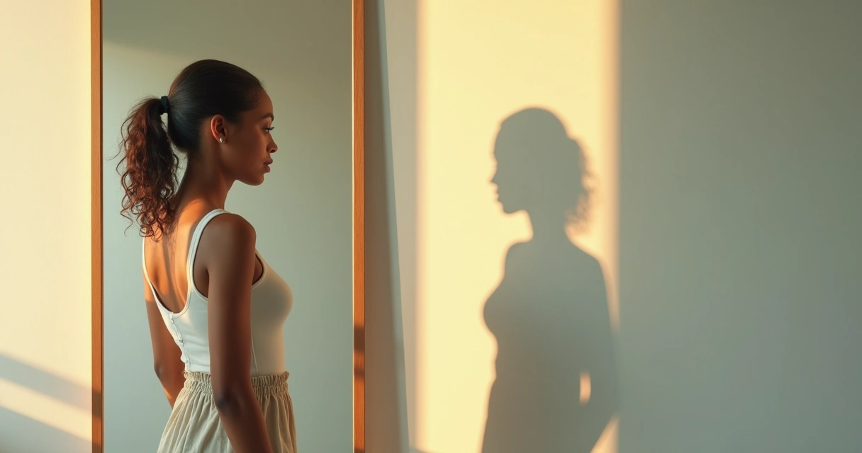 Mulher parada diante de espelho, refletindo sua sombra, ambiente suave e silencioso