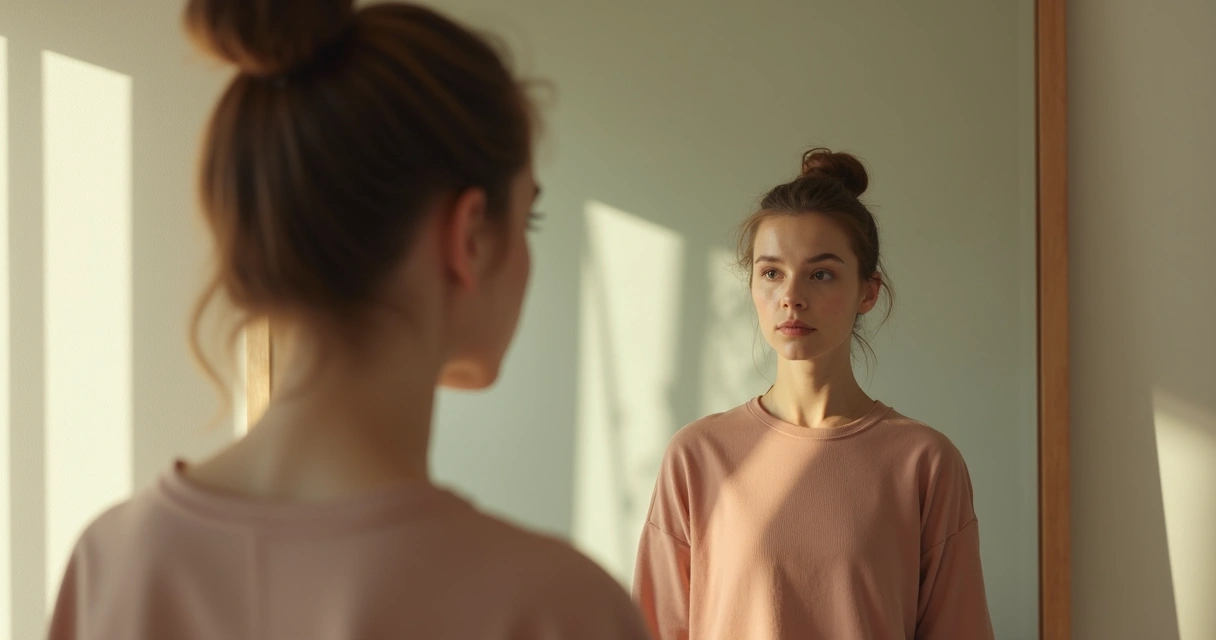 Mulher olhando para o próprio reflexo em um espelho, com uma sombra expressiva ao fundo 