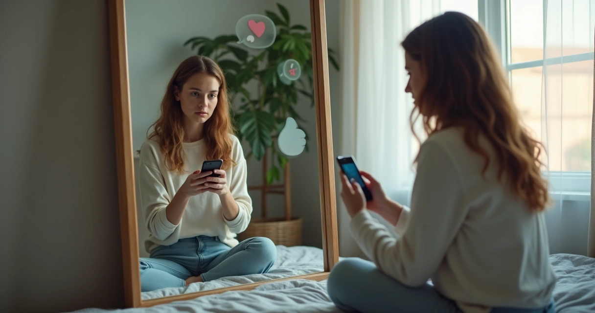 Mulher jovem diante do espelho cercada por reações de redes sociais 