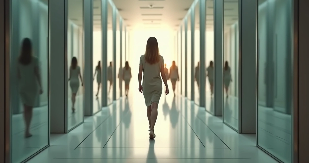 Mulher caminha por corredor de espelhos com reflexos distorcidos ao redor 