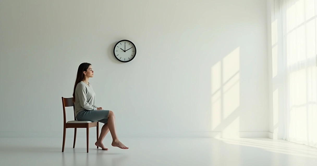Mulher sentada olhando para relógio de parede. 