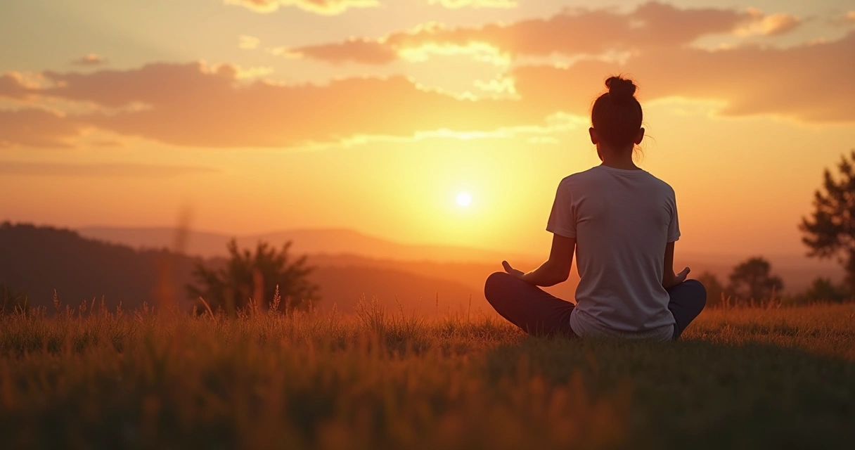 Pessoa sentada calma observando o nascer do sol em ambiente tranquilo