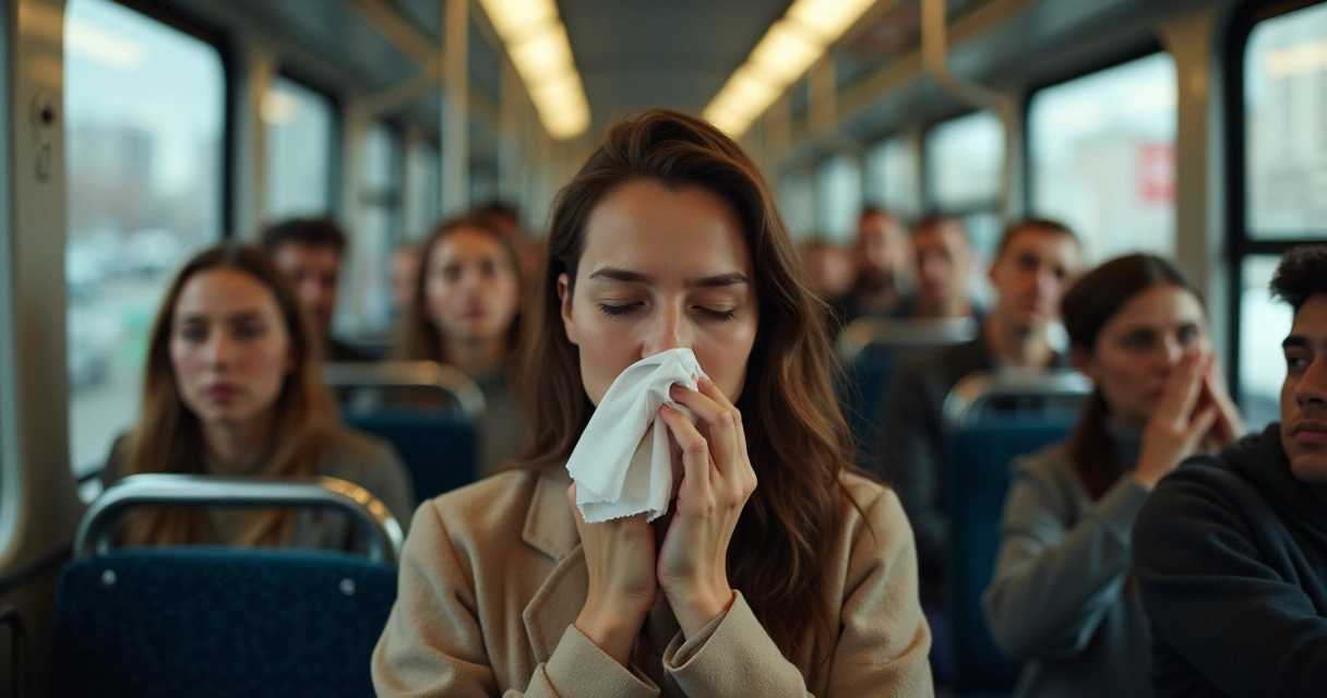 Mulher espirrando no transporte público, segurando lenço, outras pessoas ao redor olhando. 