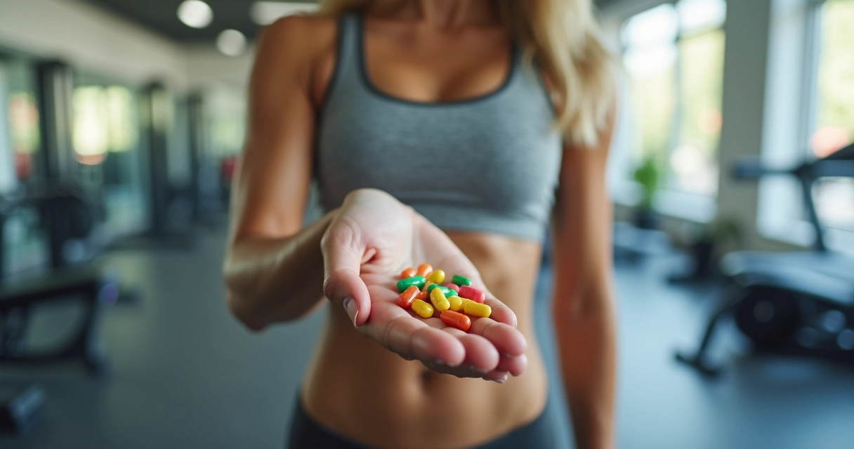 Mulher esportista segurando cápsulas de vitaminas
