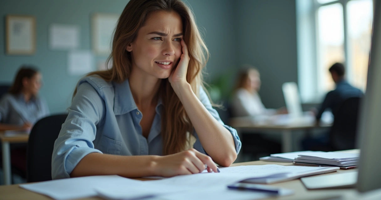 Mulher olhando um monitor de computador parecendo confusa e esquecida 