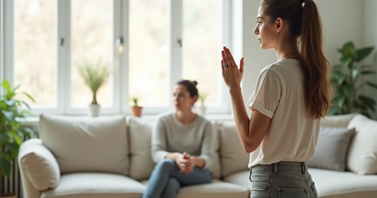 Mulher adulta em pé com a mão levantada estabelecendo um limite calmo 