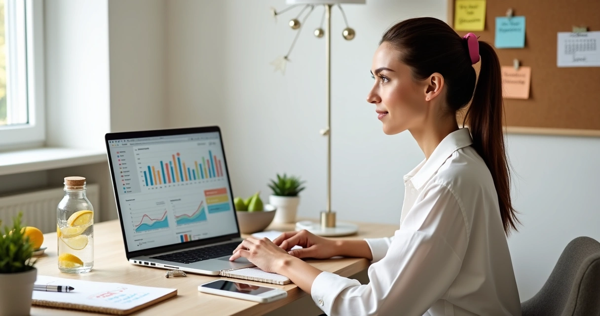 Mulher planeja estratégia digital de emagrecimento em computador 