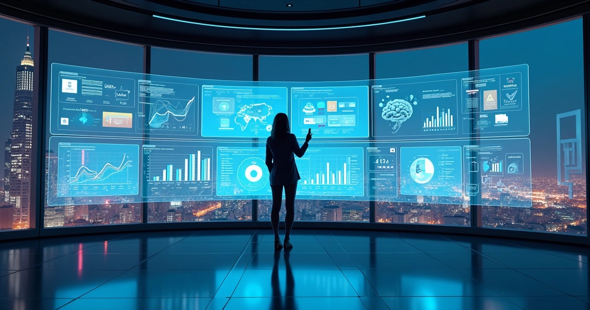 Mulher analisa painel digital com gráficos de redes sociais e inteligência artificial 
