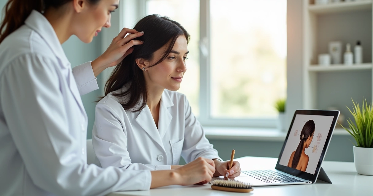 Mulher analisando queda de cabelo com profissional de saúde em consultório moderno 
