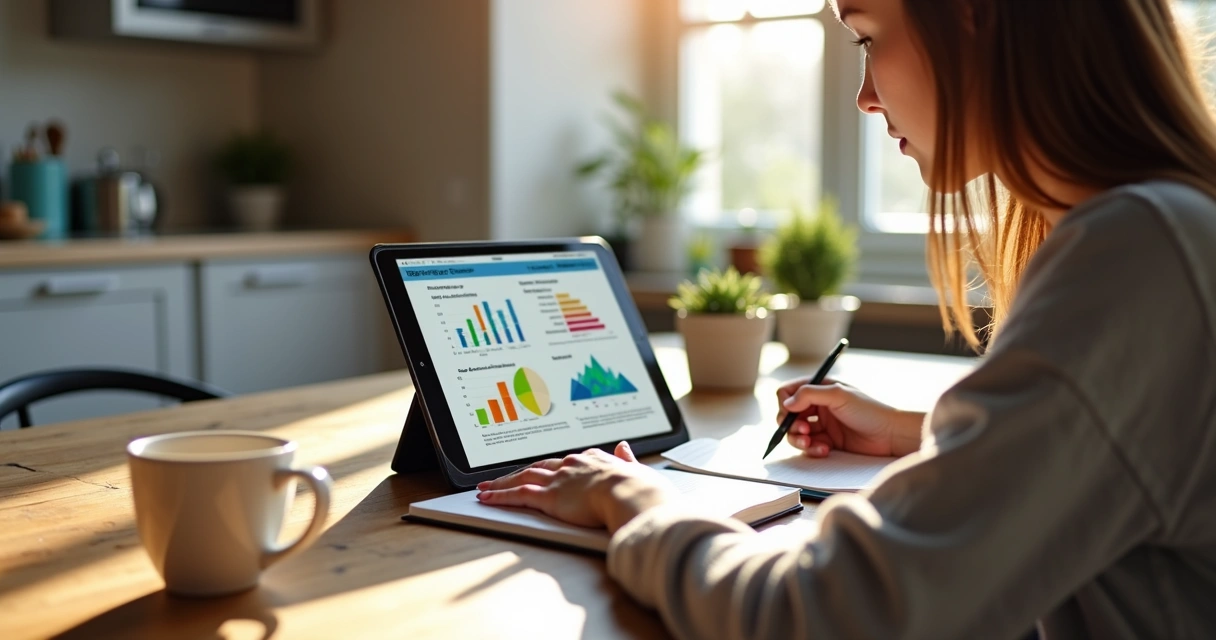 Mulher estudando reciclagem profissional no tablet 