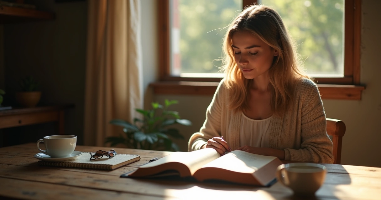 Mulher lendo a Bíblia em uma mesa de madeira com luz natural suave 