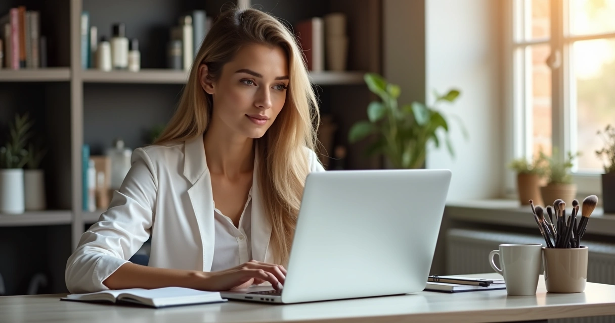 Mulher sentada em casa estudando cosmetologia no computador