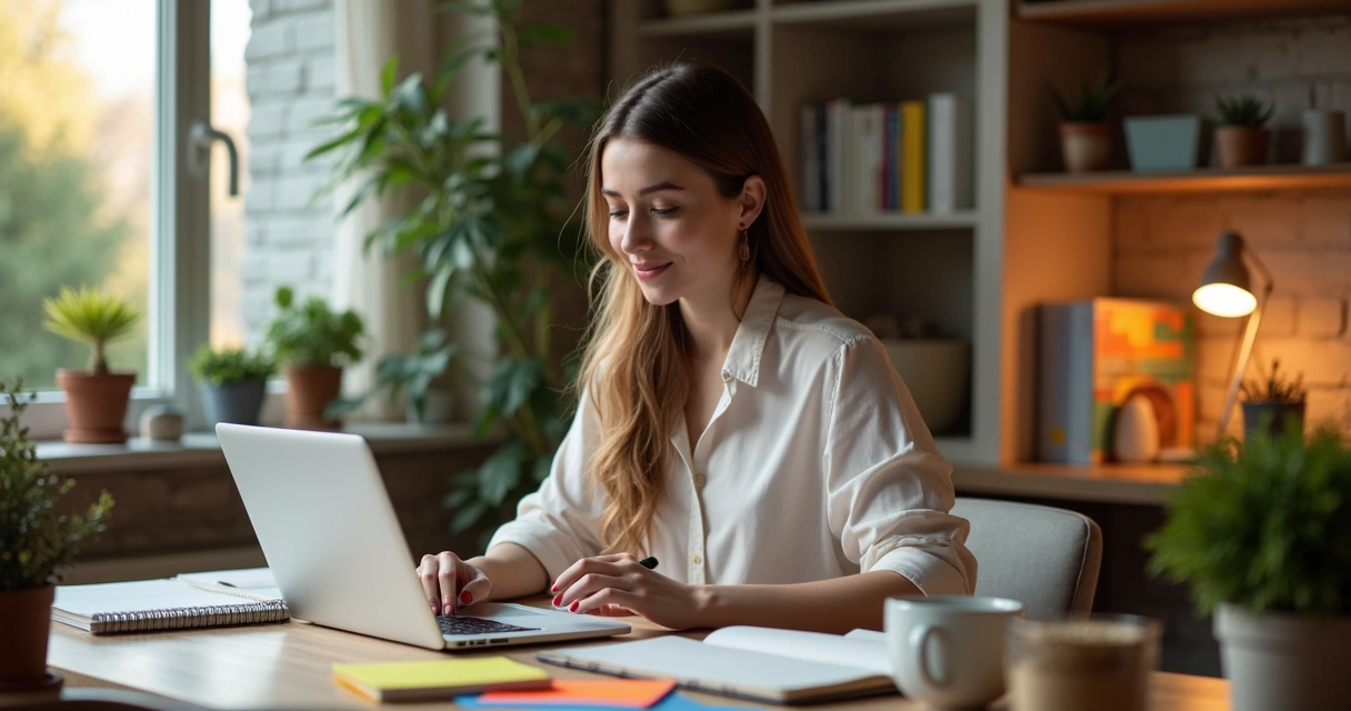 Mulher jovem estudando em casa com notebook e materiais de apoio, luz suave 