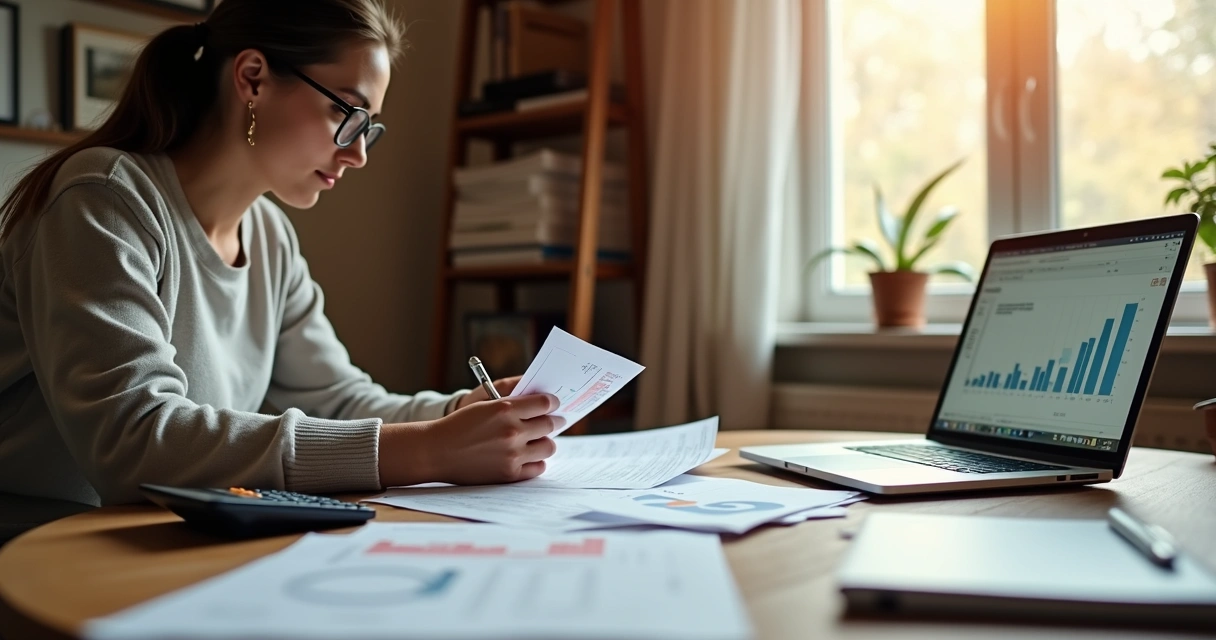 Mulher analisando finanças pessoais com papéis e calculadora em ambiente doméstico organizado 