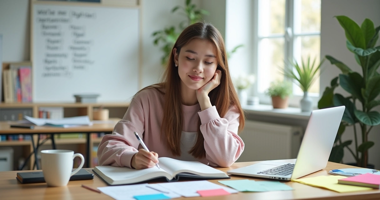 Mulher estudando inglês com livro e anotações em ambiente claro e organizado 