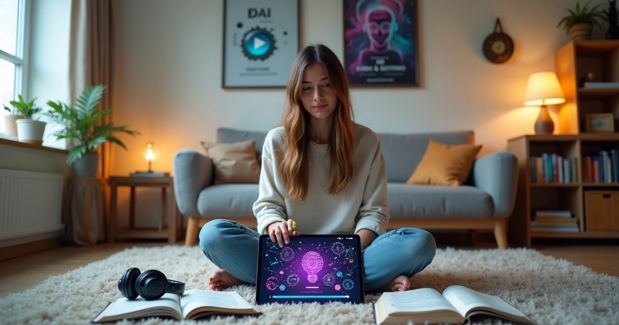 Mulher estudando inteligência artificial cercada de livros e tablet digital 