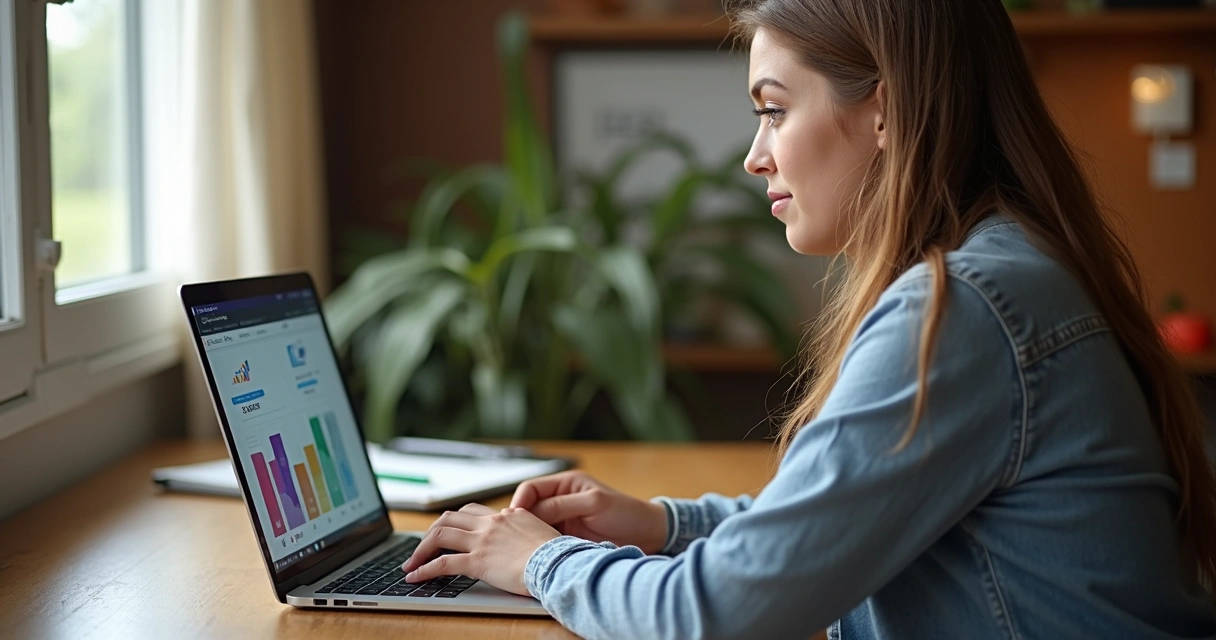 Mulher jovem estudando marketing digital em um notebook com gráficos de redes sociais na tela 