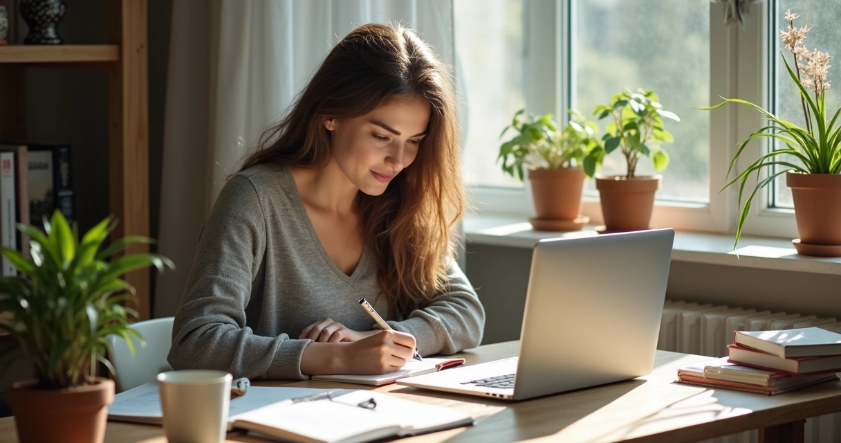 Mulher estudando marketing digital em casa com notebook e anotações 