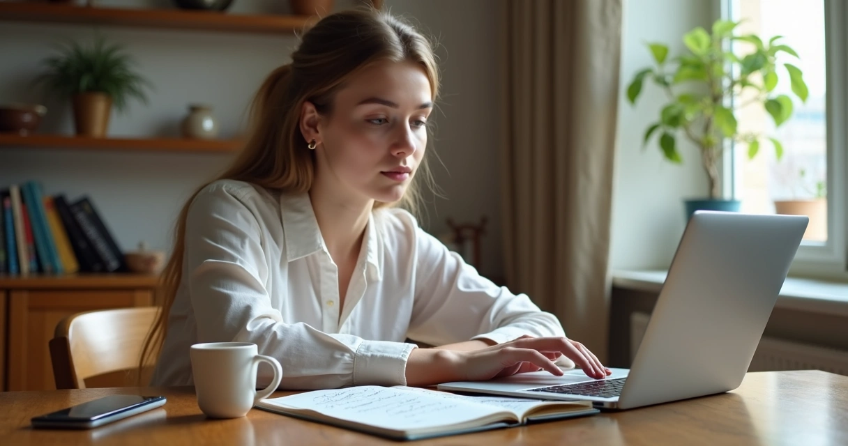 Mulher estudando sentada à mesa, laptop aberto com caderno e caneca ao lado 