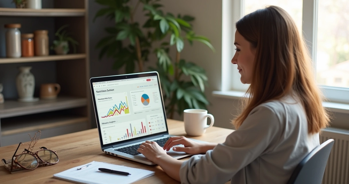 Mulher jovem em casa estudando online em notebook com tela mostrando gráfico de imóveis