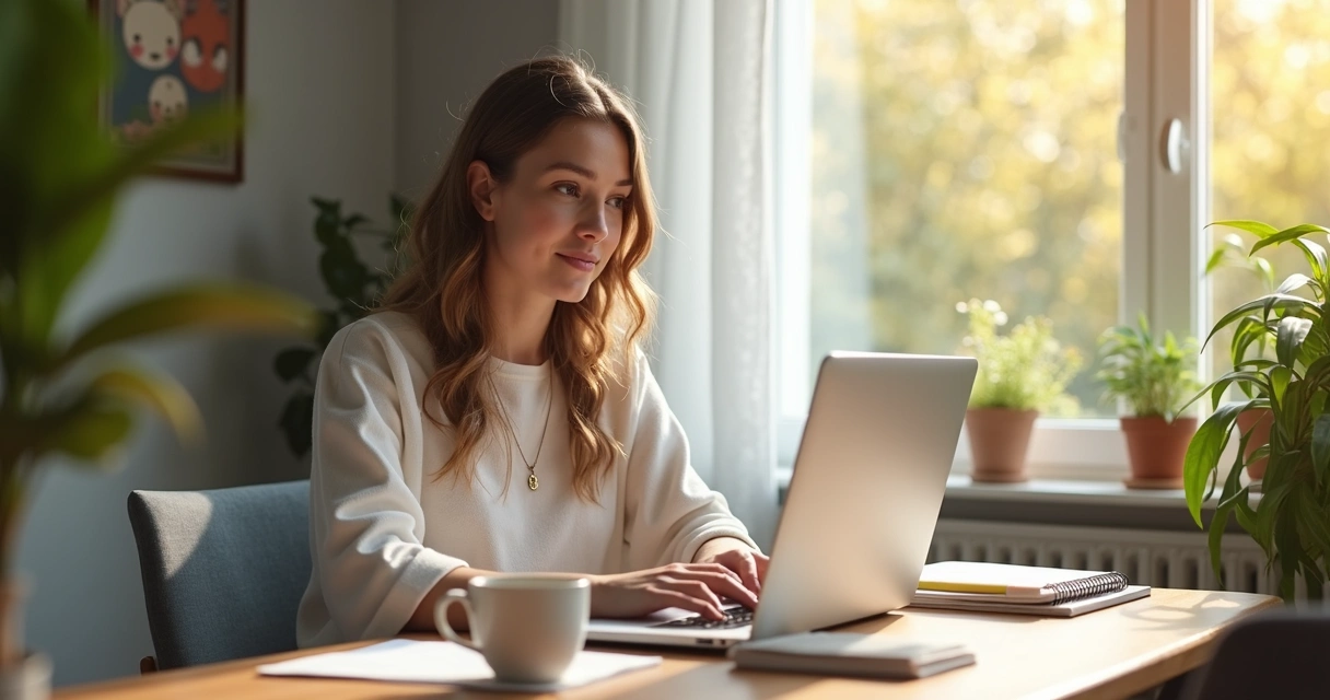Mulher jovem estudando no notebook em casa com livros ao lado 