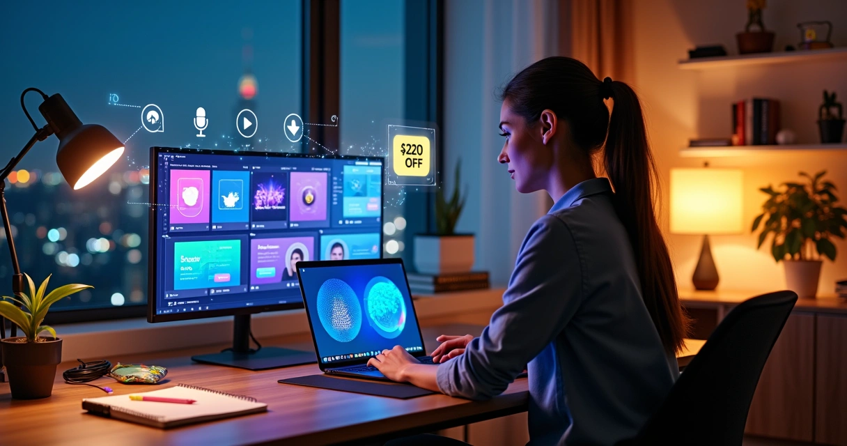 Mulher assiste treinamento de redes sociais e IA no notebook com ambiente moderno ao fundo 