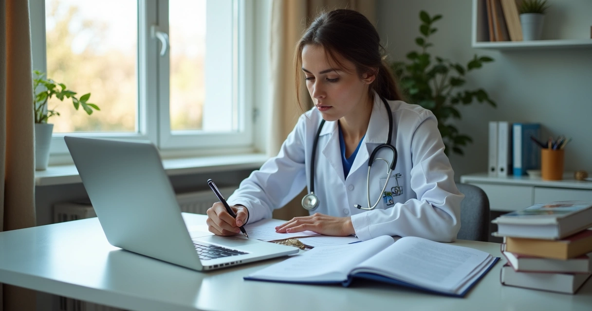 Estudante de medicina mulher concentrada estudando em casa