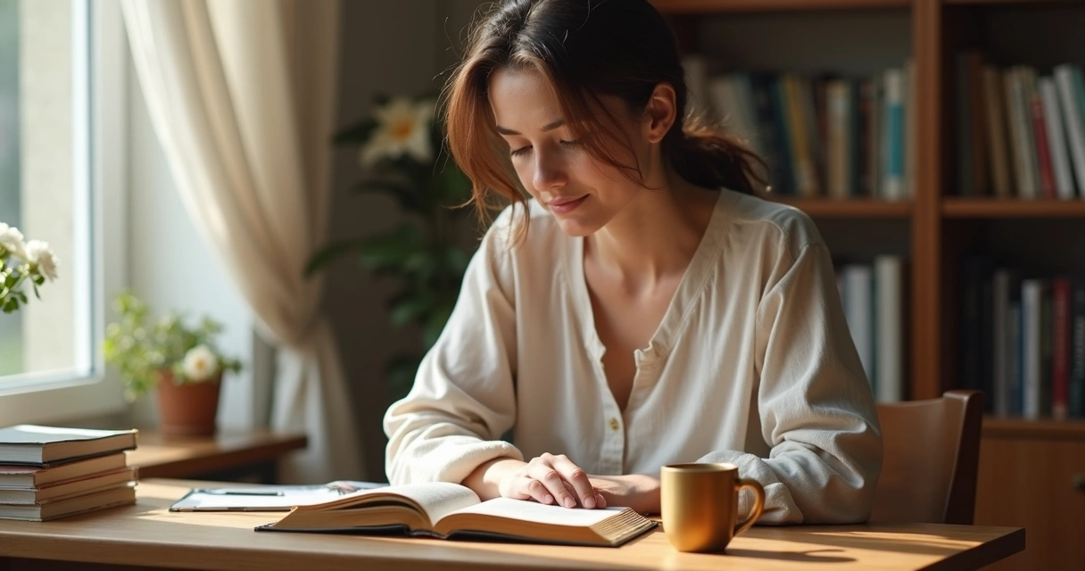 Mulher estudando a Bíblia com café e caderno 