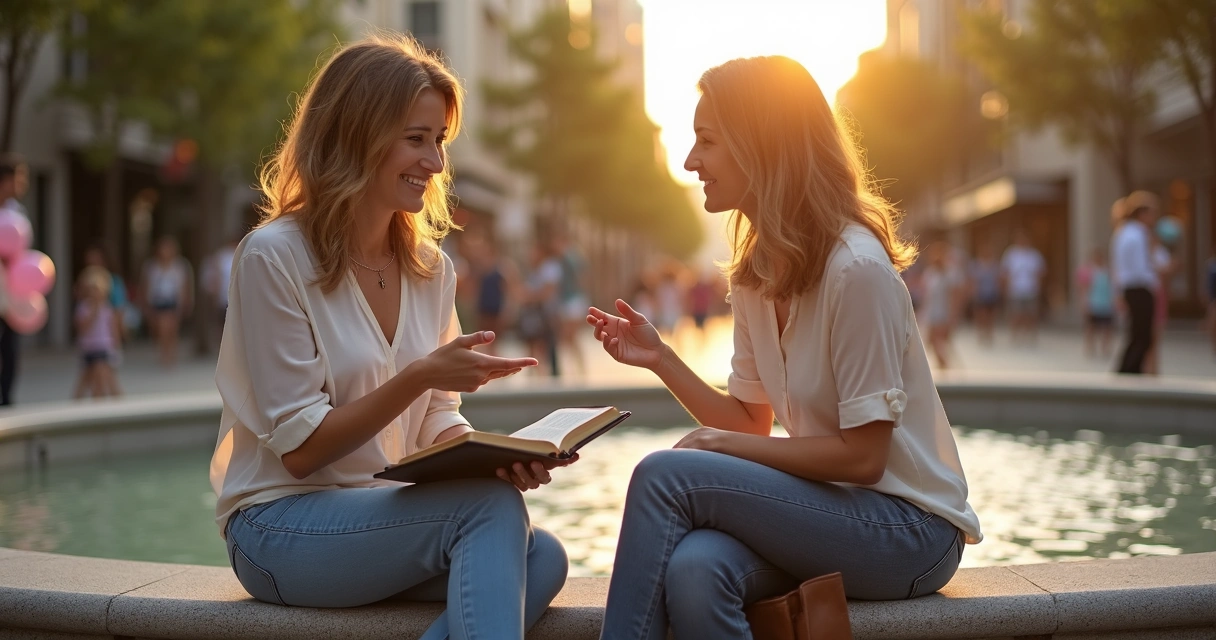 Mulher cristã conversa sobre fé com jovem em praça urbana ao entardecer 