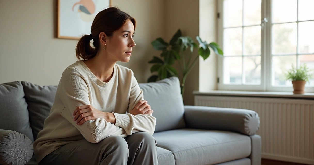 Mulher sentada no sofá olhando pela janela em postura de evasão emocional 