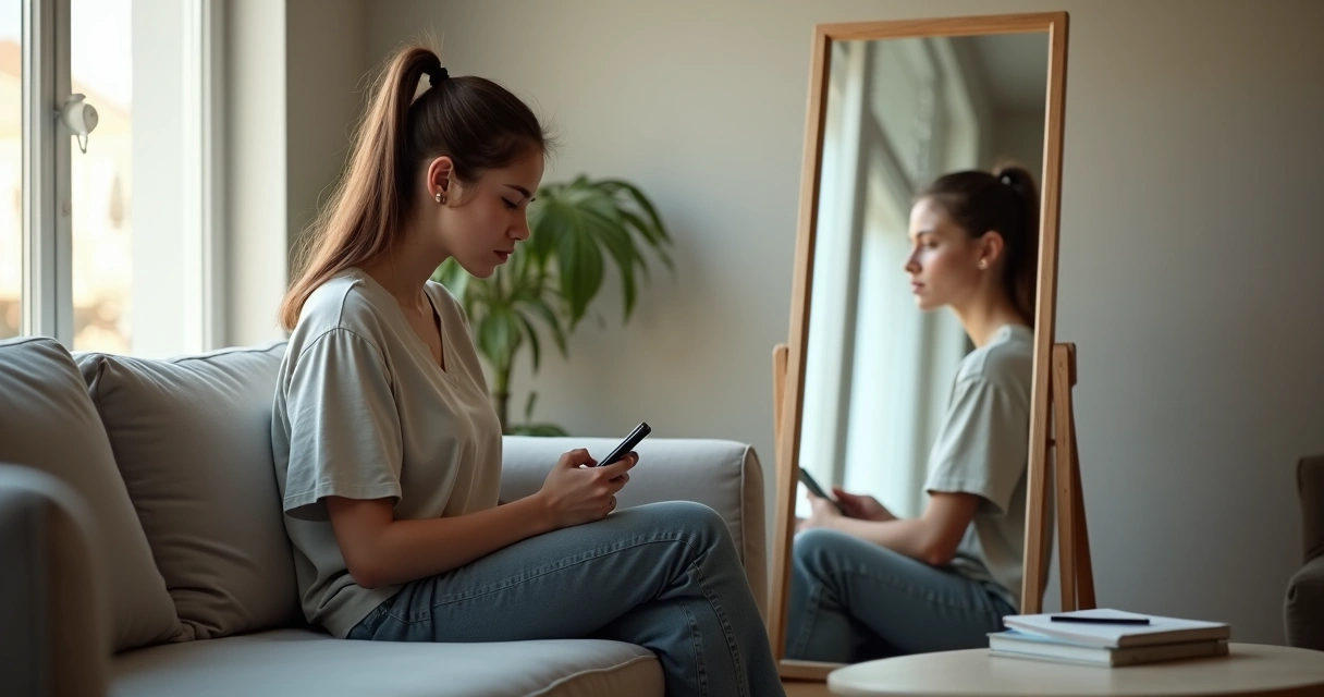 Mulher sentada no sofá evitando encarar o próprio reflexo em um espelho 