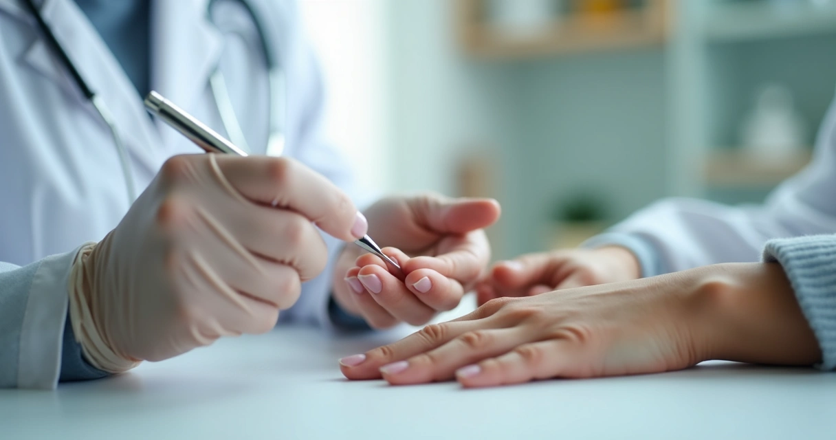 Médica analisando unhas frágeis de mulher sentada