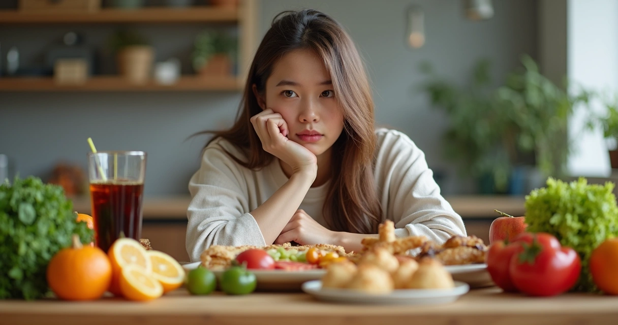 Mulher analisando variedade de alimentos sobre mesa, parecendo pensativa 