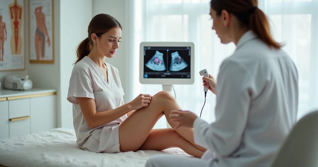 Mulher observando varizes nas pernas em consultório vascular moderno 