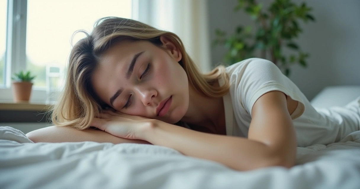 Mulher deitada na cama com olhar cansado 