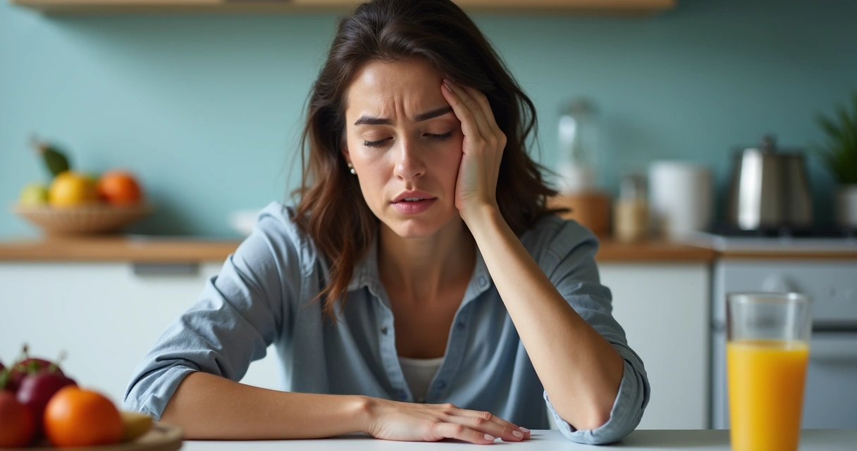 Mulher sentada apoiando a cabeça na mão com expressão cansada 