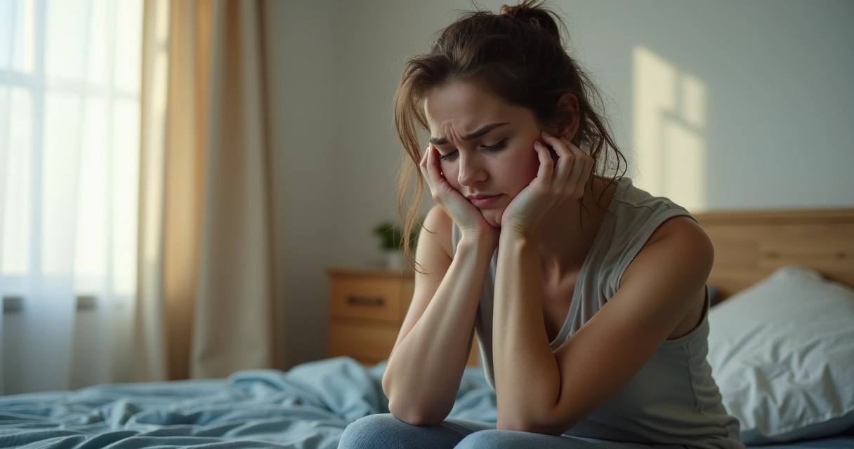 Mulher sentada na cama, cansada e com expressão de fadiga