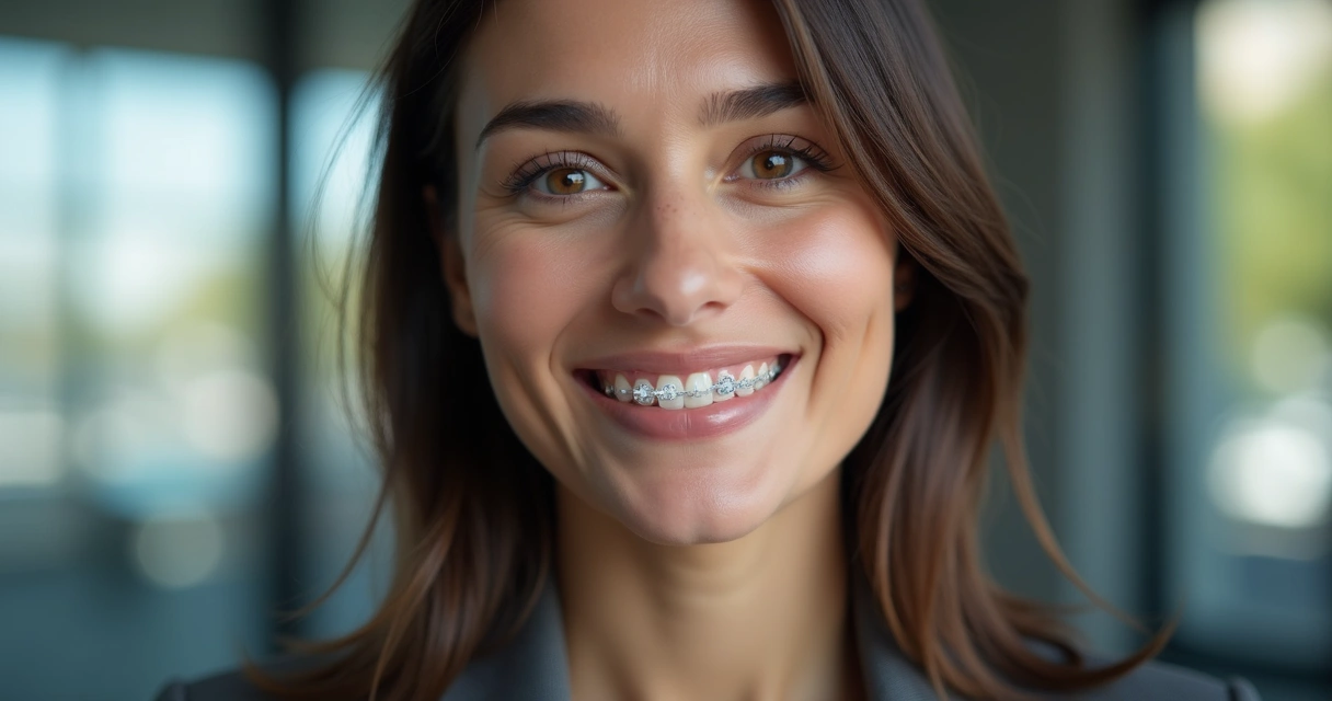 Executiva sorrindo com aparelho estético de safira nos dentes