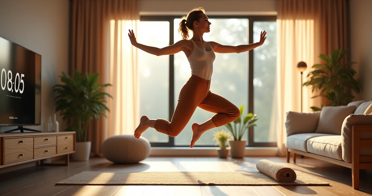 Mulher fazendo polichinelo em sala de estar