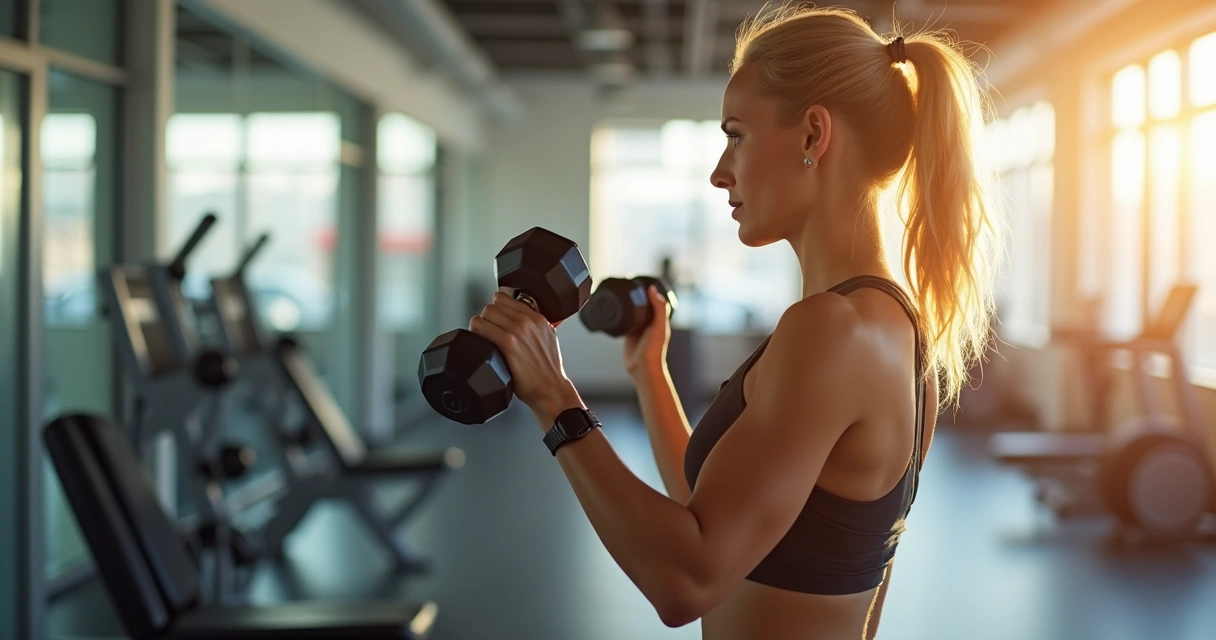 Mulher madura fazendo exercícios de musculação em academia